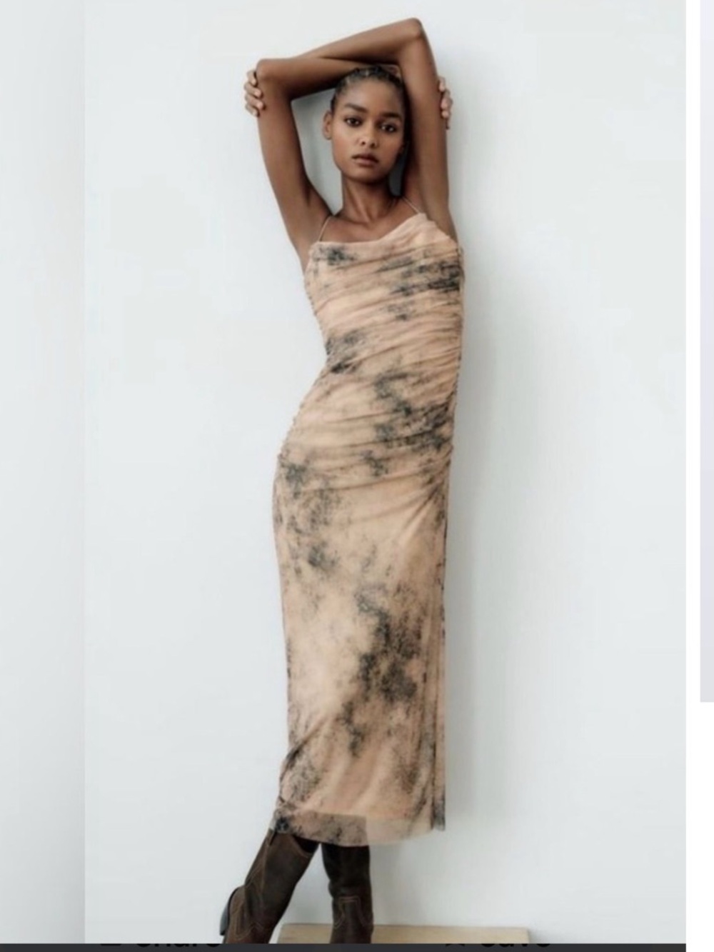 Zara Beige and Black Tie-Dye Ruched Maxi Dress